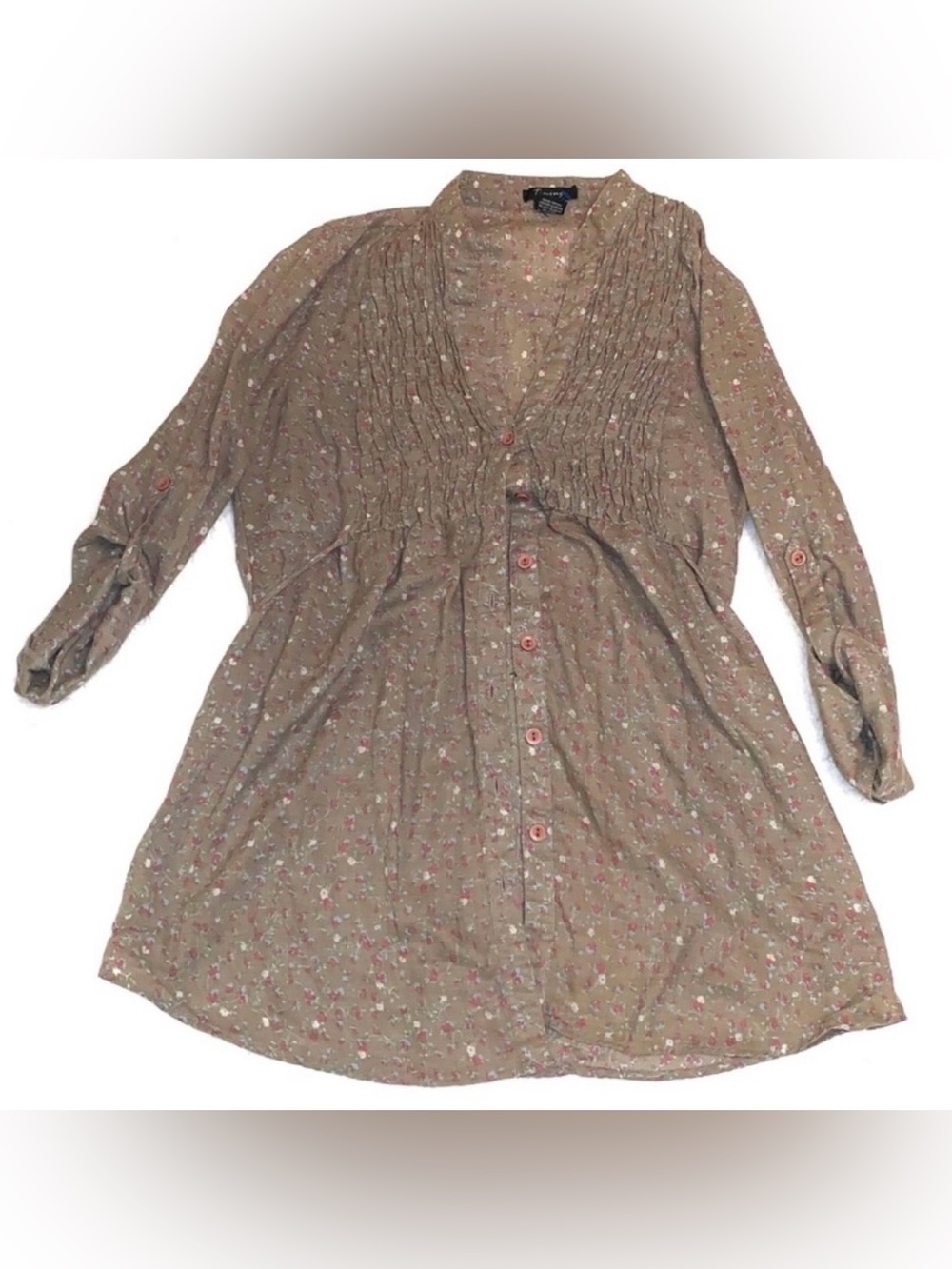 Pre-Owned Timing Brown Floral Pleated Button Blouse 3/4 Sleeve V-Neck Size M